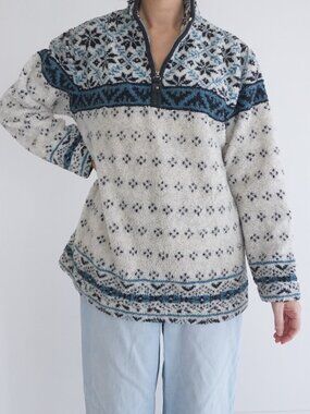 Vintage Marsh Landing Ivory Nordic Snowflake Quarter Zip Ski Fleece Sweater M